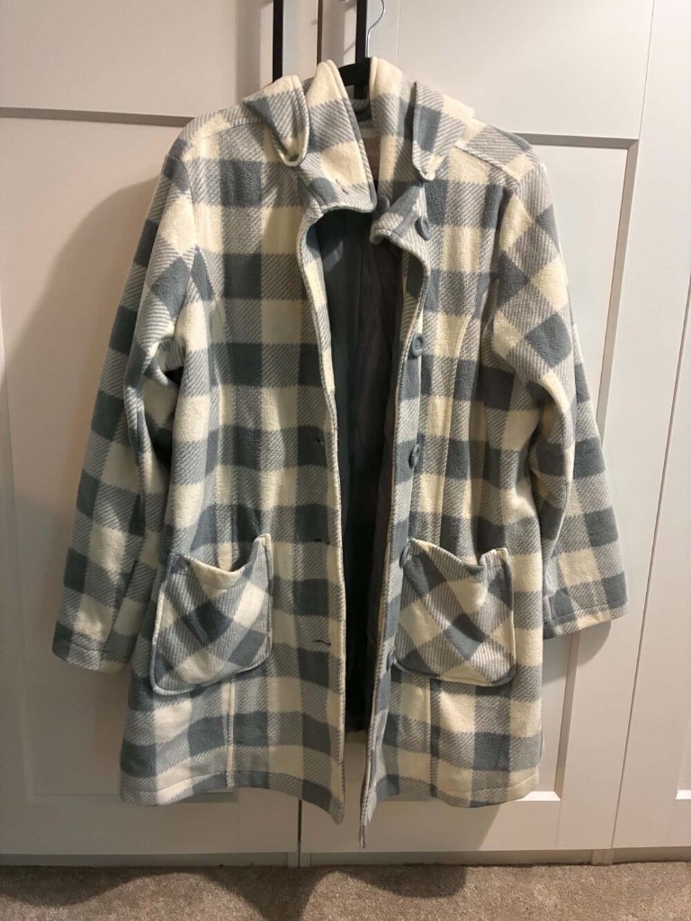 Woman Within Plus Size 18W Gray Plaid Fleece Coat with Removable Hood